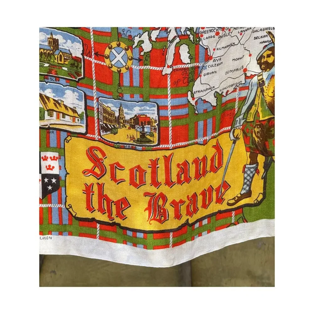 Vintage Scotland the Brave Linen Tea Towel Map Tartan Souvenir 18x30 1970s